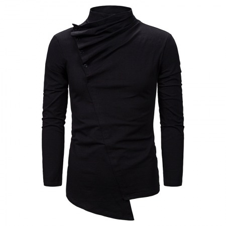 Men's Fashion Pile Collar Oblique Button Design Irregular Cut Slim Long-Sleeved T-Shirt